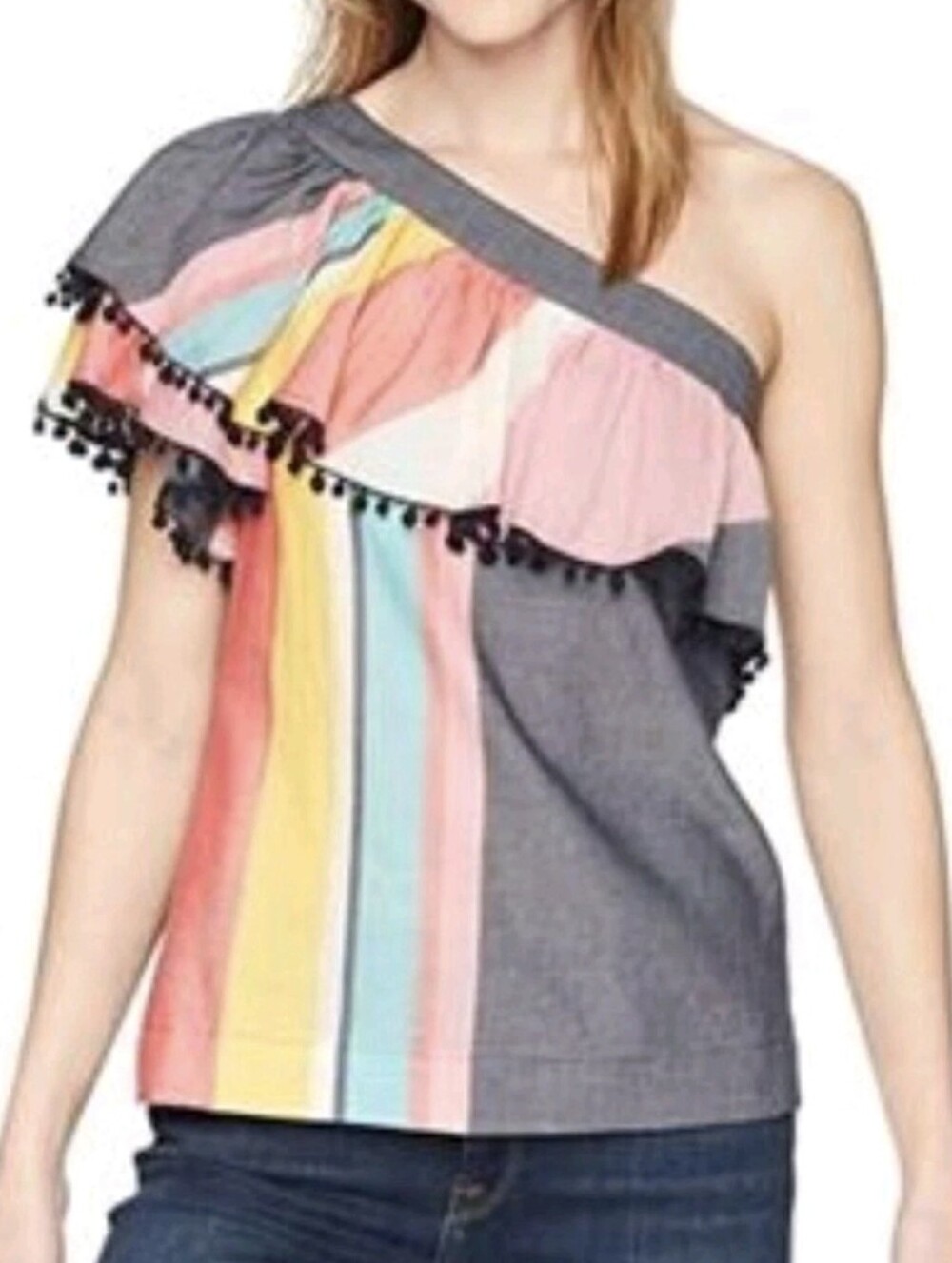 Trina Turk One Shoulder Los Angeles Colorful Striped Pompom Top Size Small
